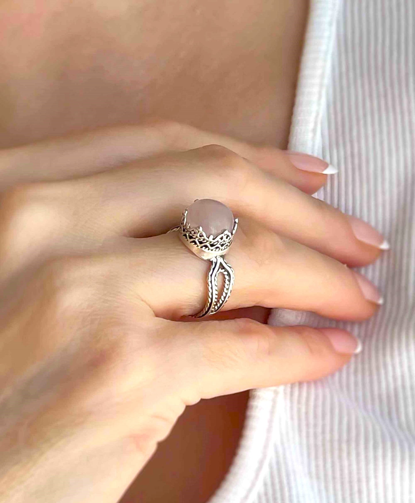 Rose Quartz Filigree Art Gemstone Ring