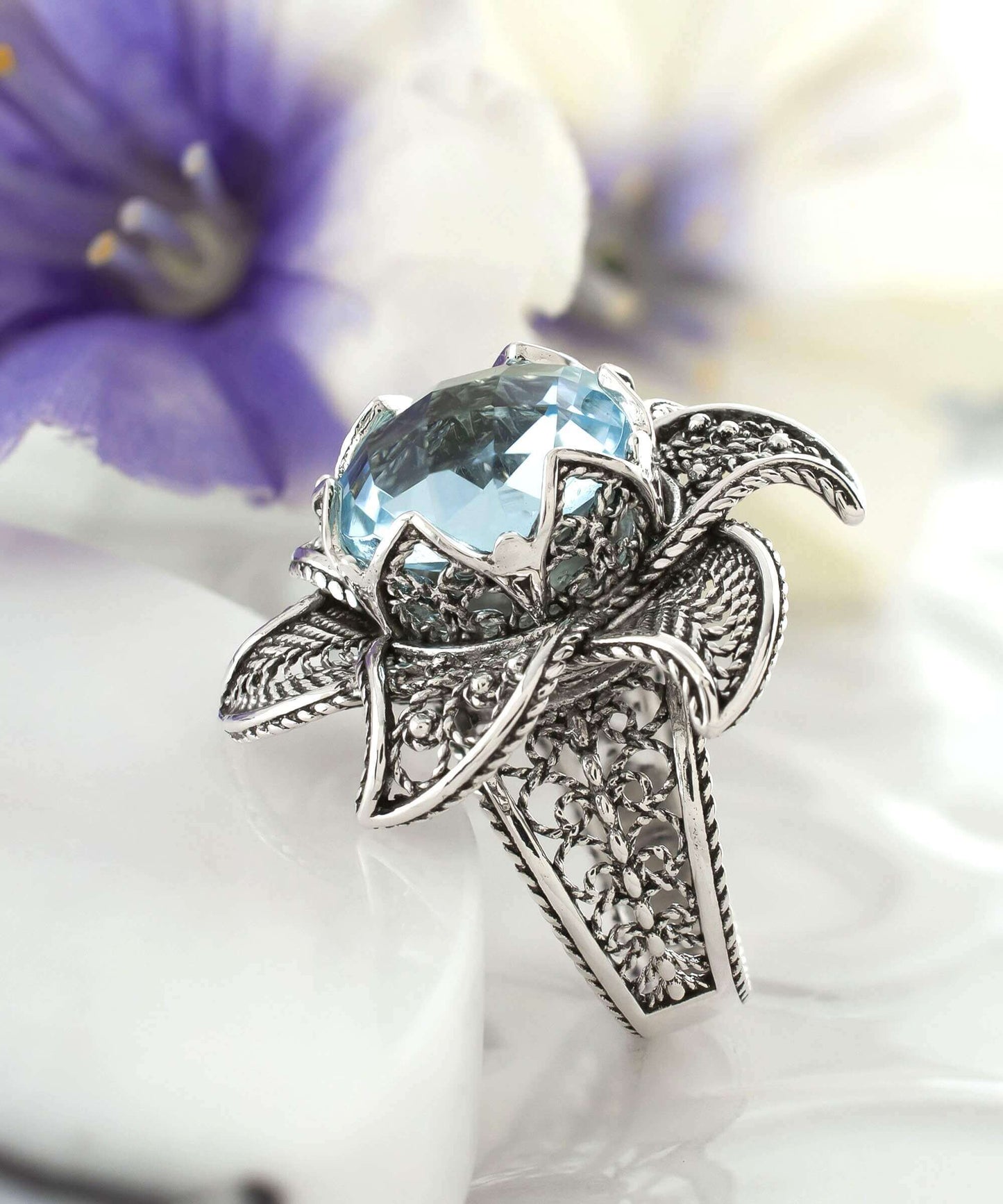 Lotus Flower Blue Topaz Ring