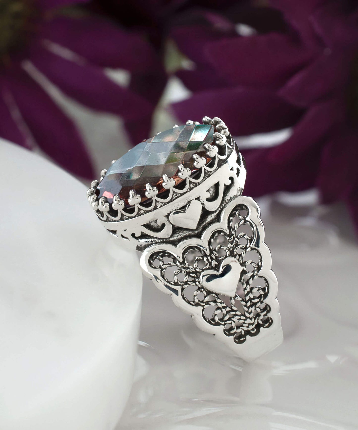 Double Heart Detailed Alexandrite Gemstone Ring