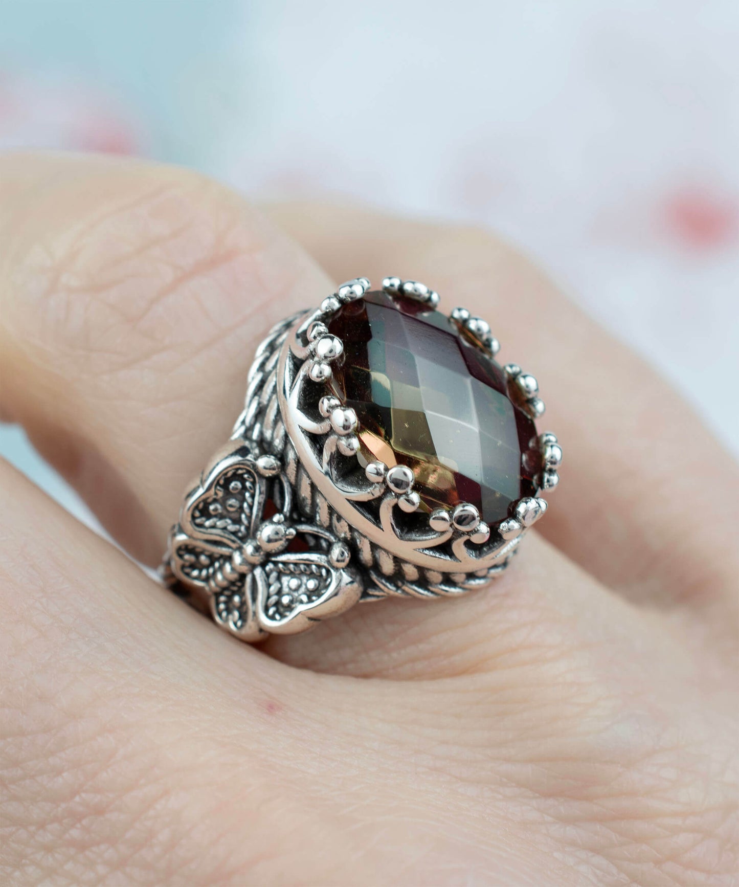 Alexandrite Filigree Art Double Butterfly Detailed Ring