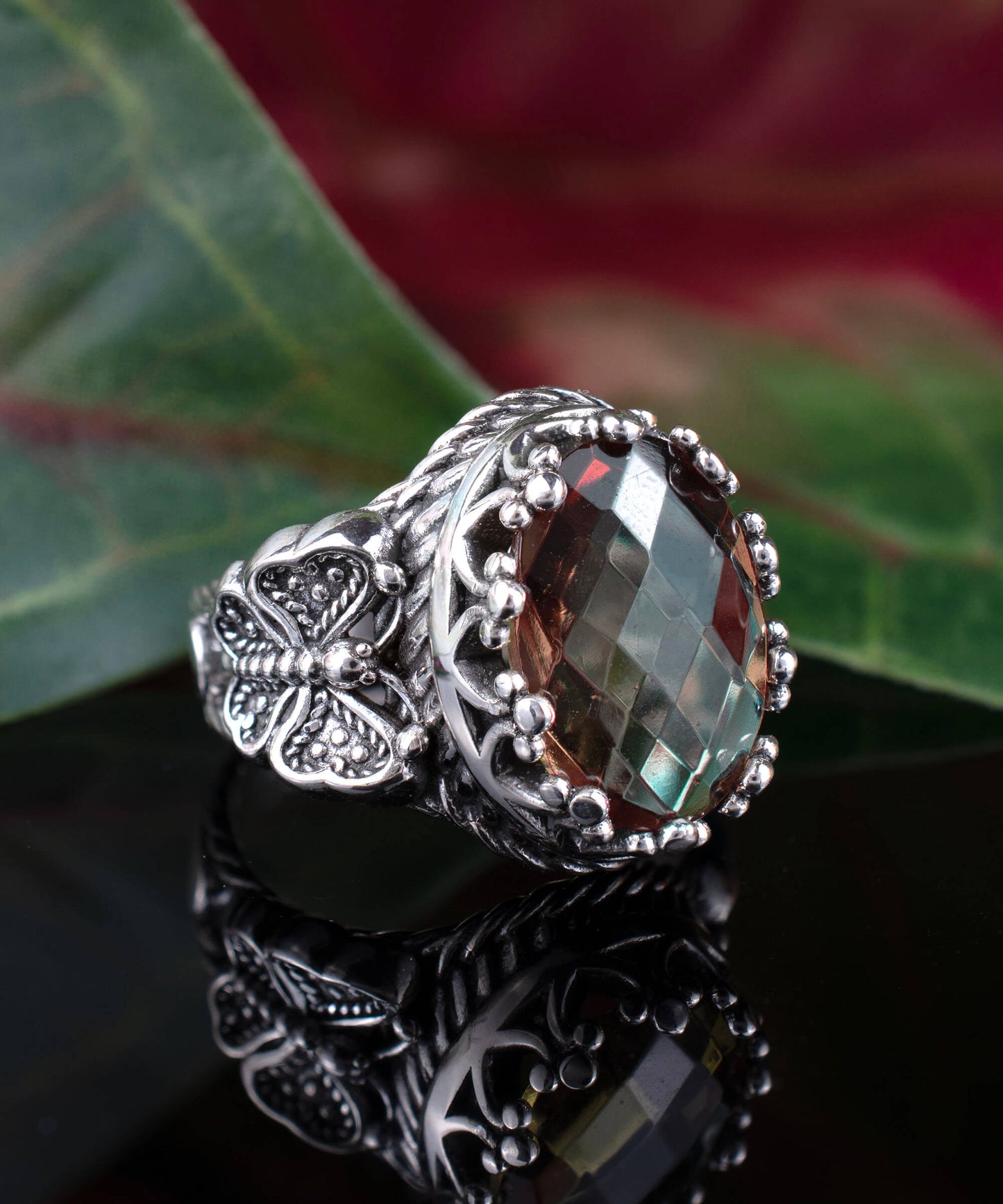 Alexandrite Filigree Art Double Butterfly Detailed Ring