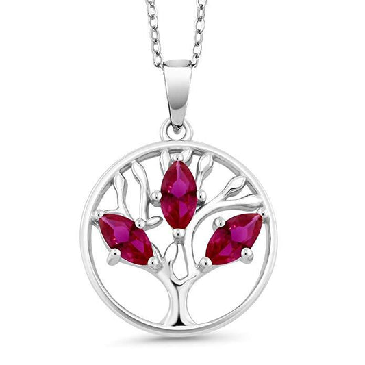 2.00 CT Ruby Pear-Cut Tree of Life Necklace in 18K White Gold Plated