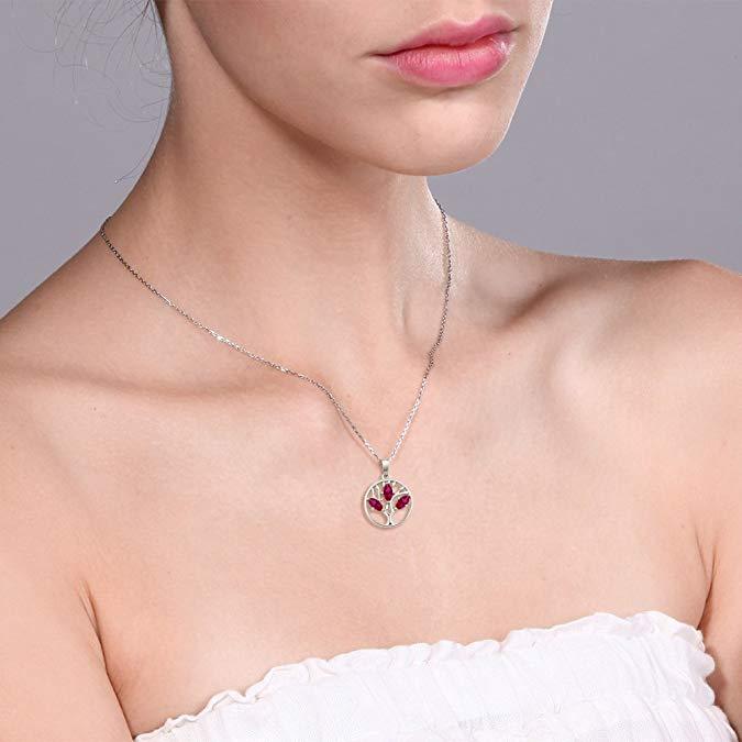 2.00 CT Ruby Pear-Cut Tree of Life Necklace in 18K White Gold Plated