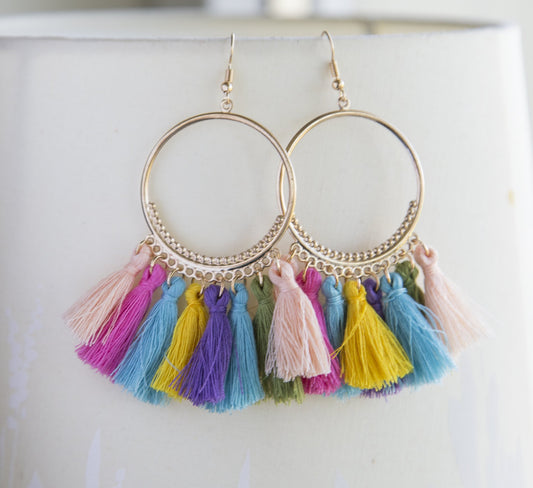 Rainbow tassel boho earrings huge statement earrings for her, colorful