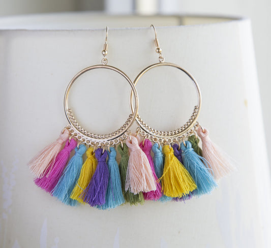 Rainbow tassel boho earrings huge statement earrings for her, colorful