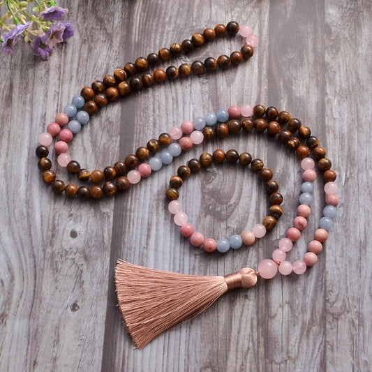 108 Mala Necklace | Tiger's Eye, Rose Quartz, and Aquamarine Beads