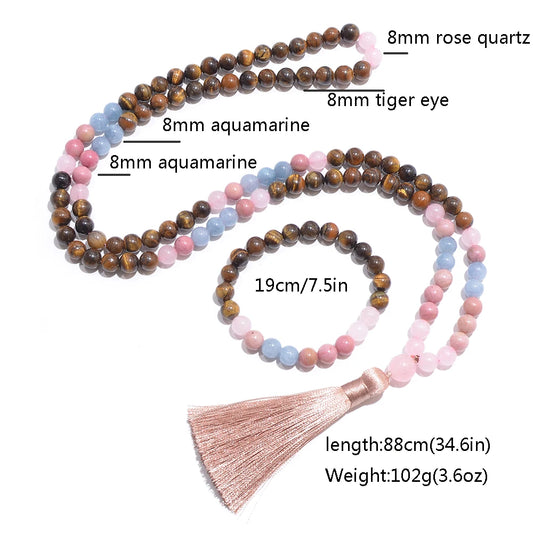 108 Mala Necklace | Tiger's Eye, Rose Quartz, and Aquamarine Beads