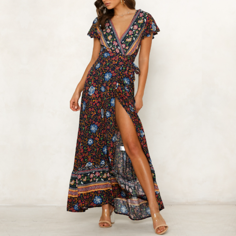 Bohemian Wrap Style V Neck Floral Maxi Dress