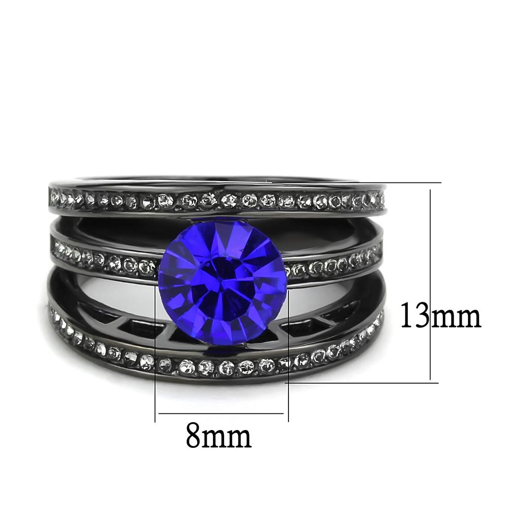 Black Stainless Steel Ring with Sapphire-colored Crystal