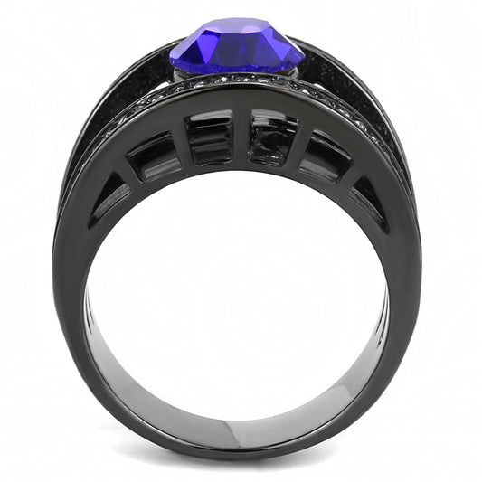 Black Stainless Steel Ring with Sapphire-colored Crystal