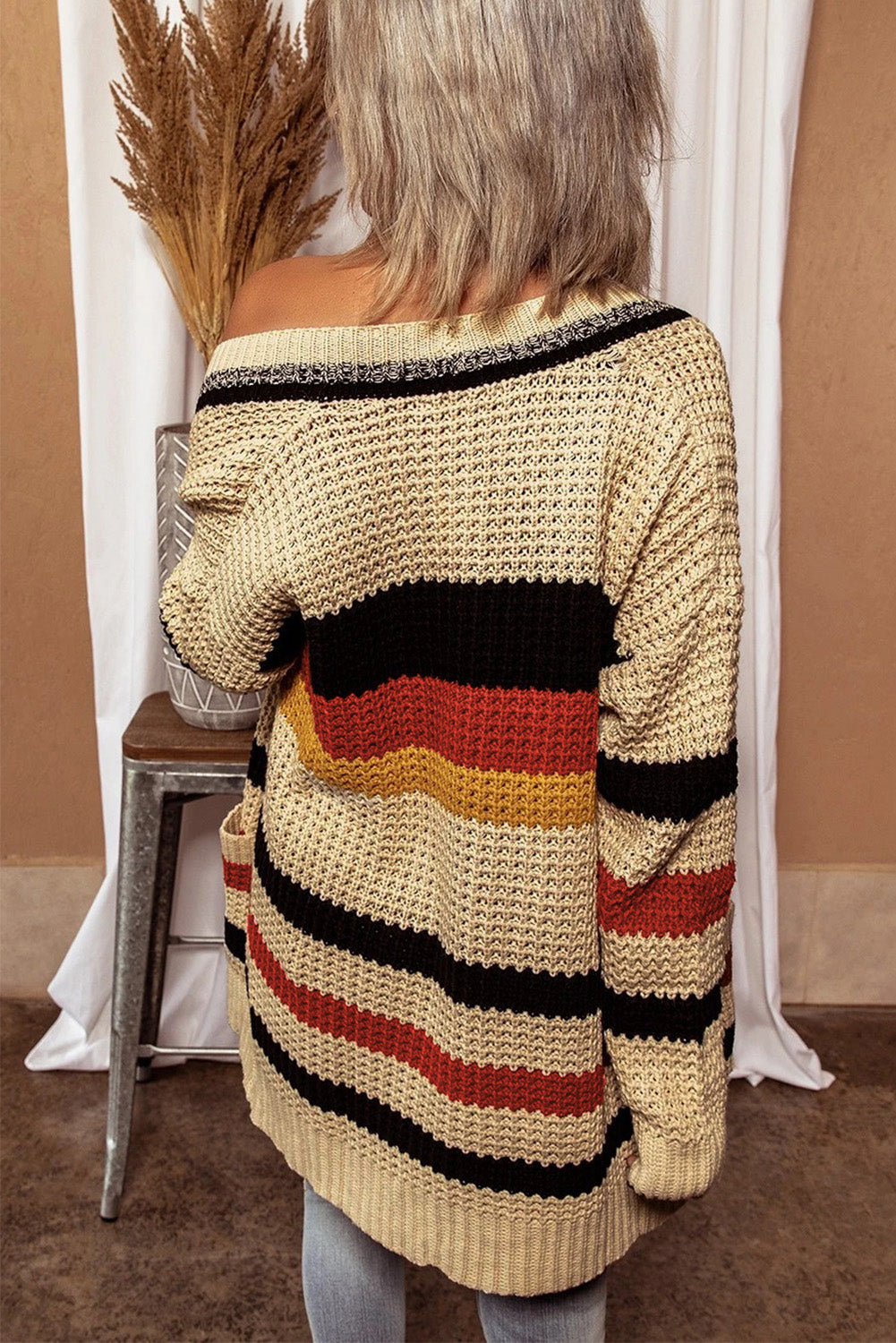 Striped Open Front Boho Knit Cardigan