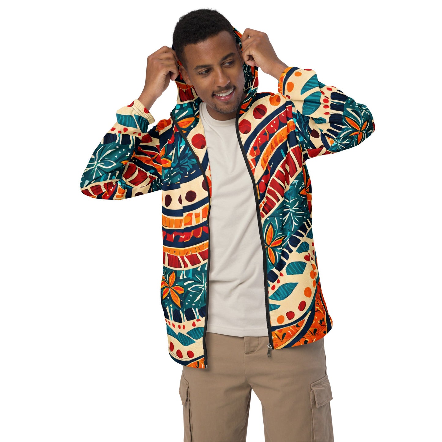 Men's Hooded Windbreaker Jacket, Boho Floral Print