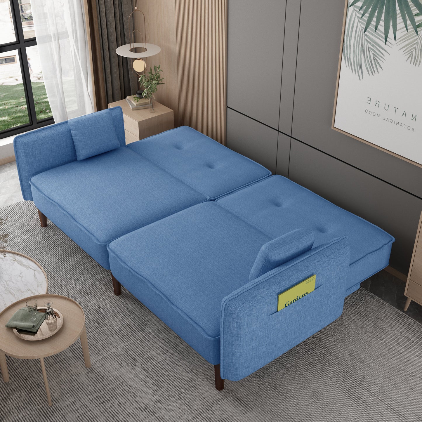 Bohemian-Inspired Blue Fabric Futon Sofa Bed