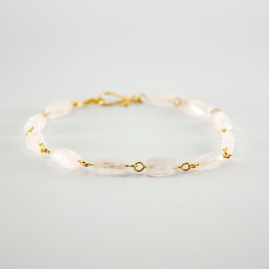 Rose Quartz Rectangular Gold Link Bracelet