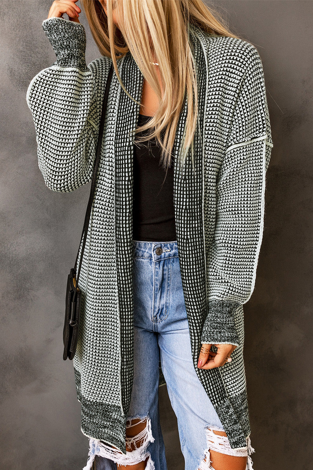 Gray Plaid Knitted Boho Cardigan