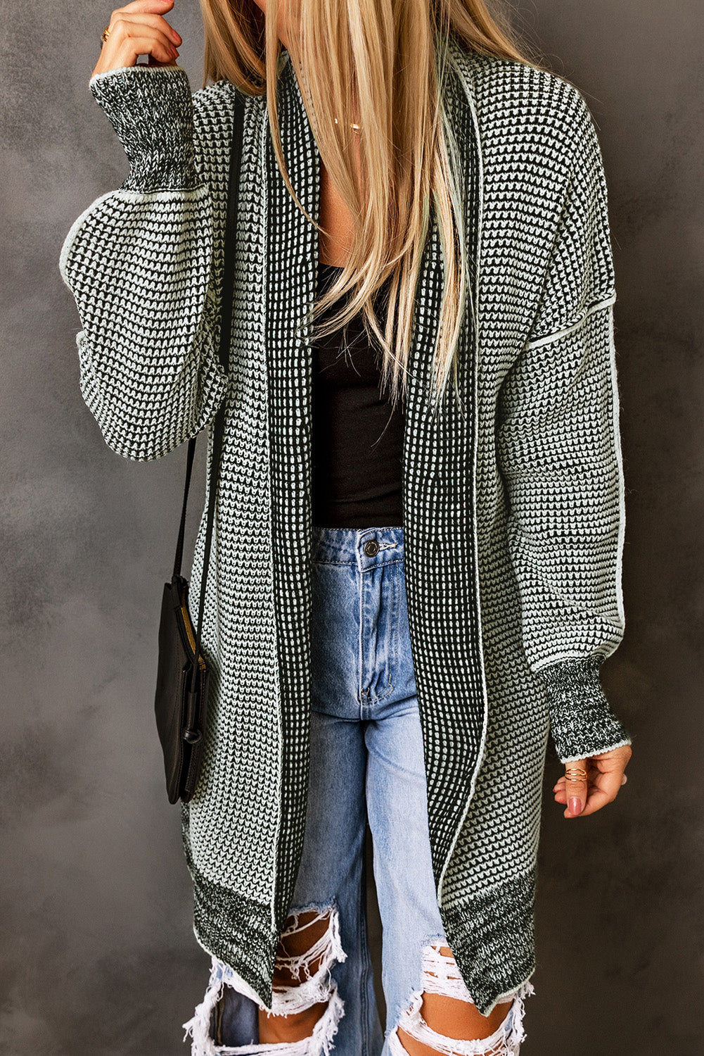 Gray Plaid Knitted Boho Cardigan