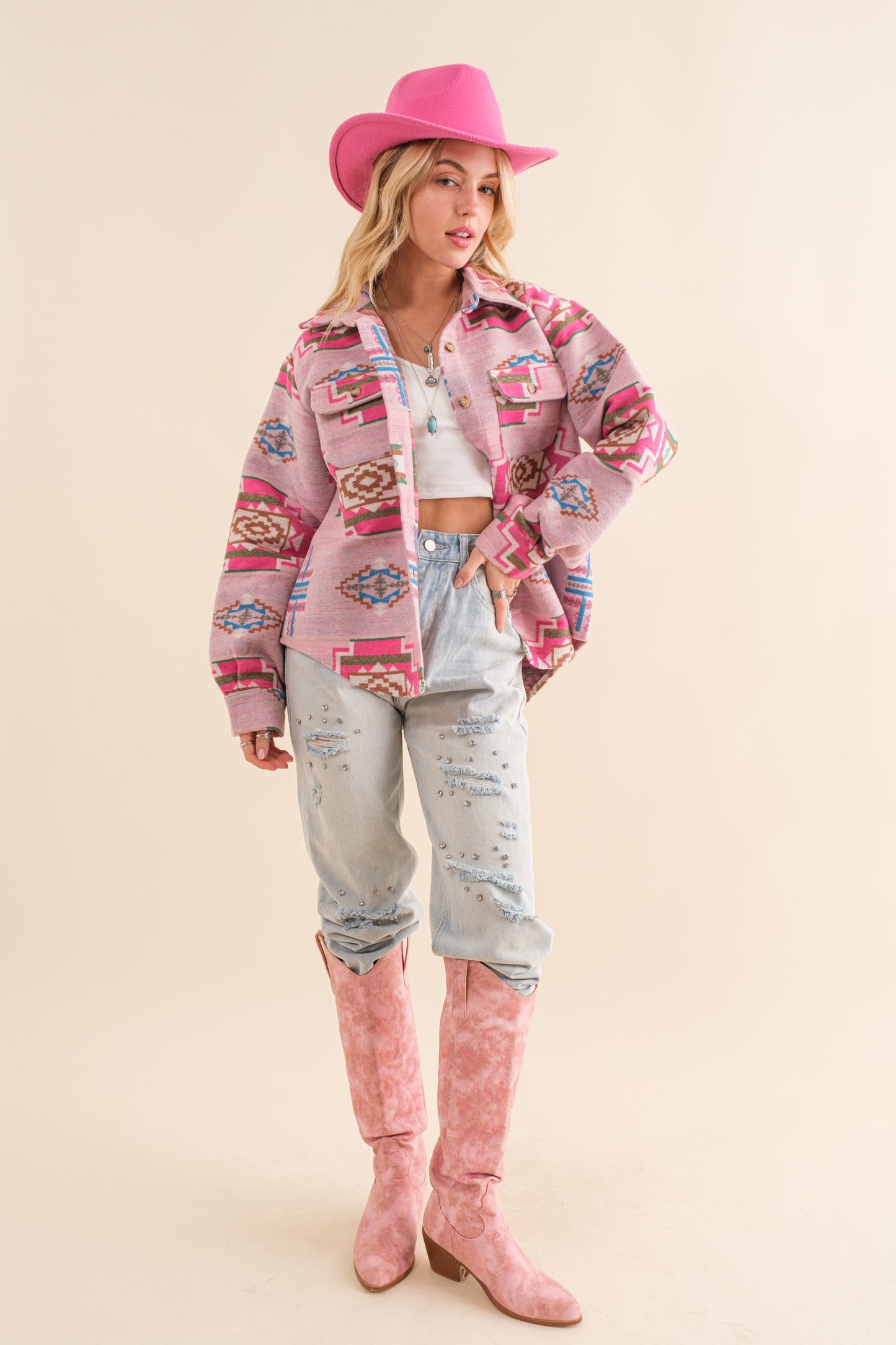 Pink Jacquard Aztec Bohemian Jacket