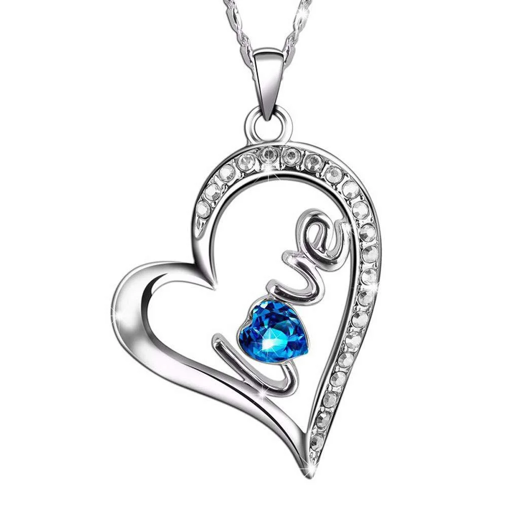 Austrian Crystal Sapphire LOVE Heart Necklace