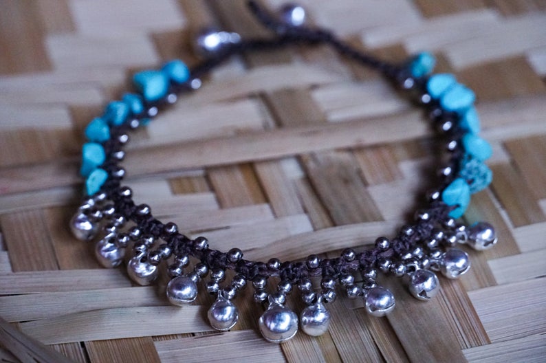 Turquoise Silver Bell Boho Anklet