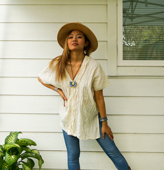 Raw Crinkled Cotton Gauze Boho Blouse