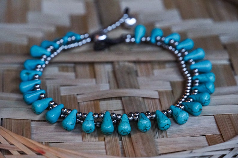 Turquoise Teardrop Bead Boho Silver Anklet