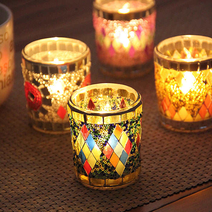 Bohemian Glass Mosaic Candle Holders