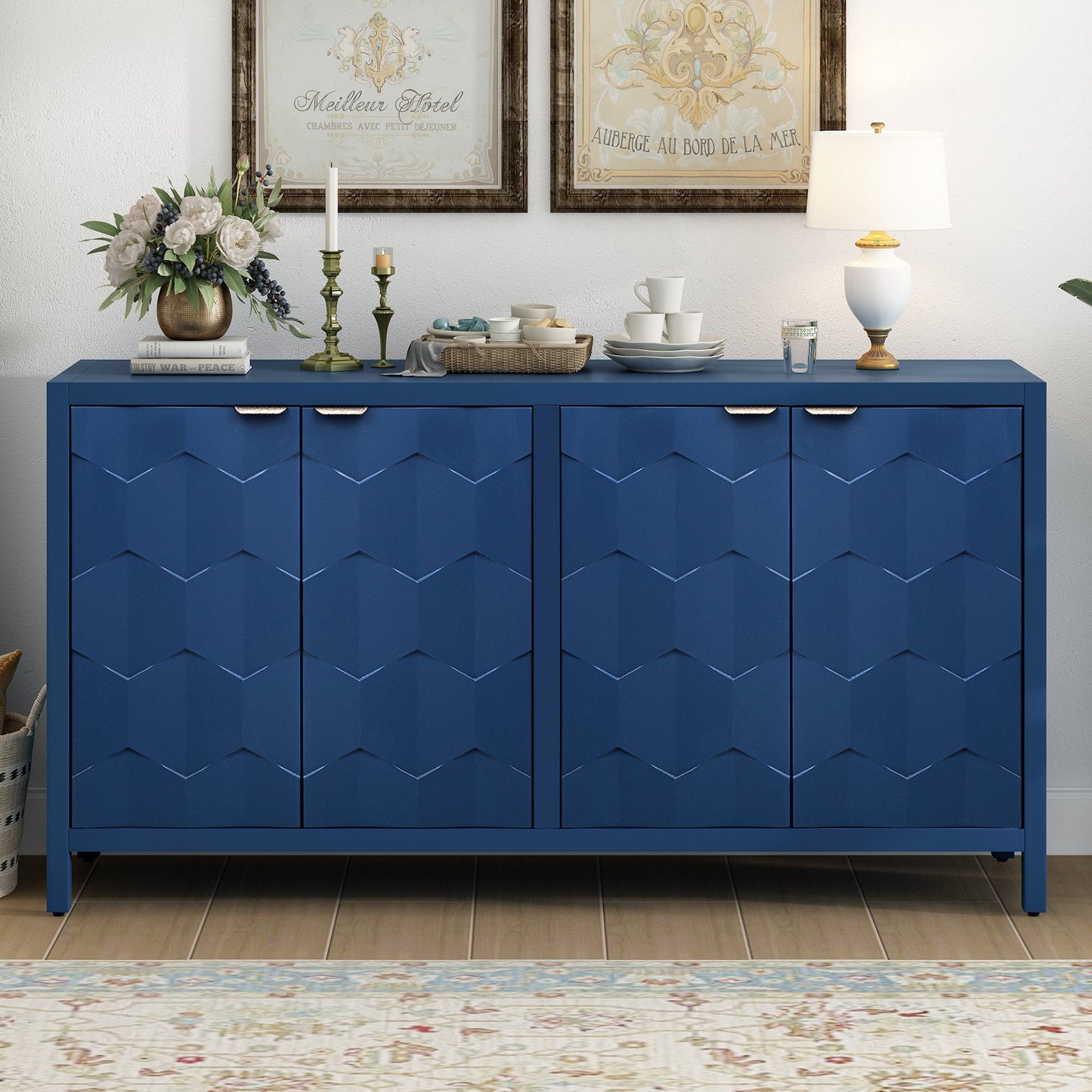 Luxurious Four-Door Sideboard with Honeycomb Patterned Doors