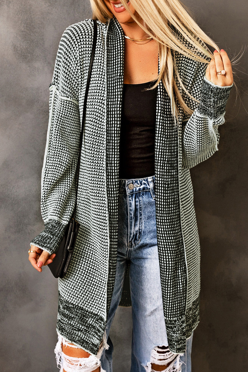 Gray Plaid Knitted Boho Cardigan