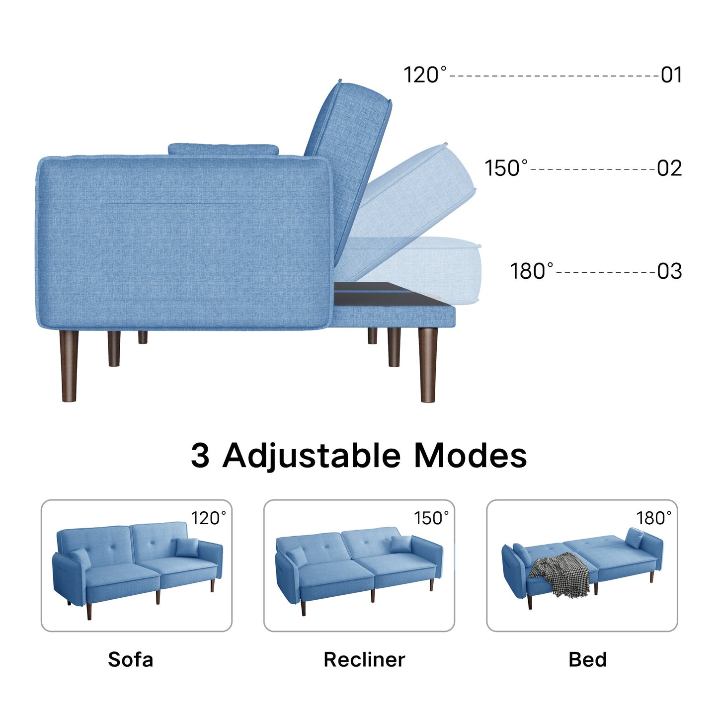 Bohemian-Inspired Blue Fabric Futon Sofa Bed