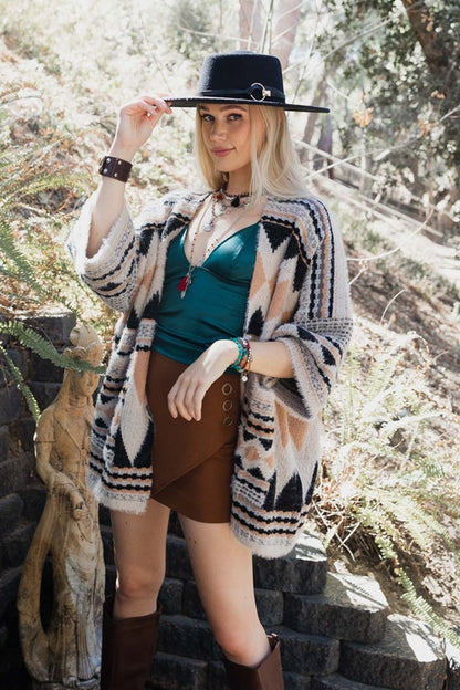 Faux Hair Aztec Pocket Ruana – Boho Winterwear with Cultural Flair