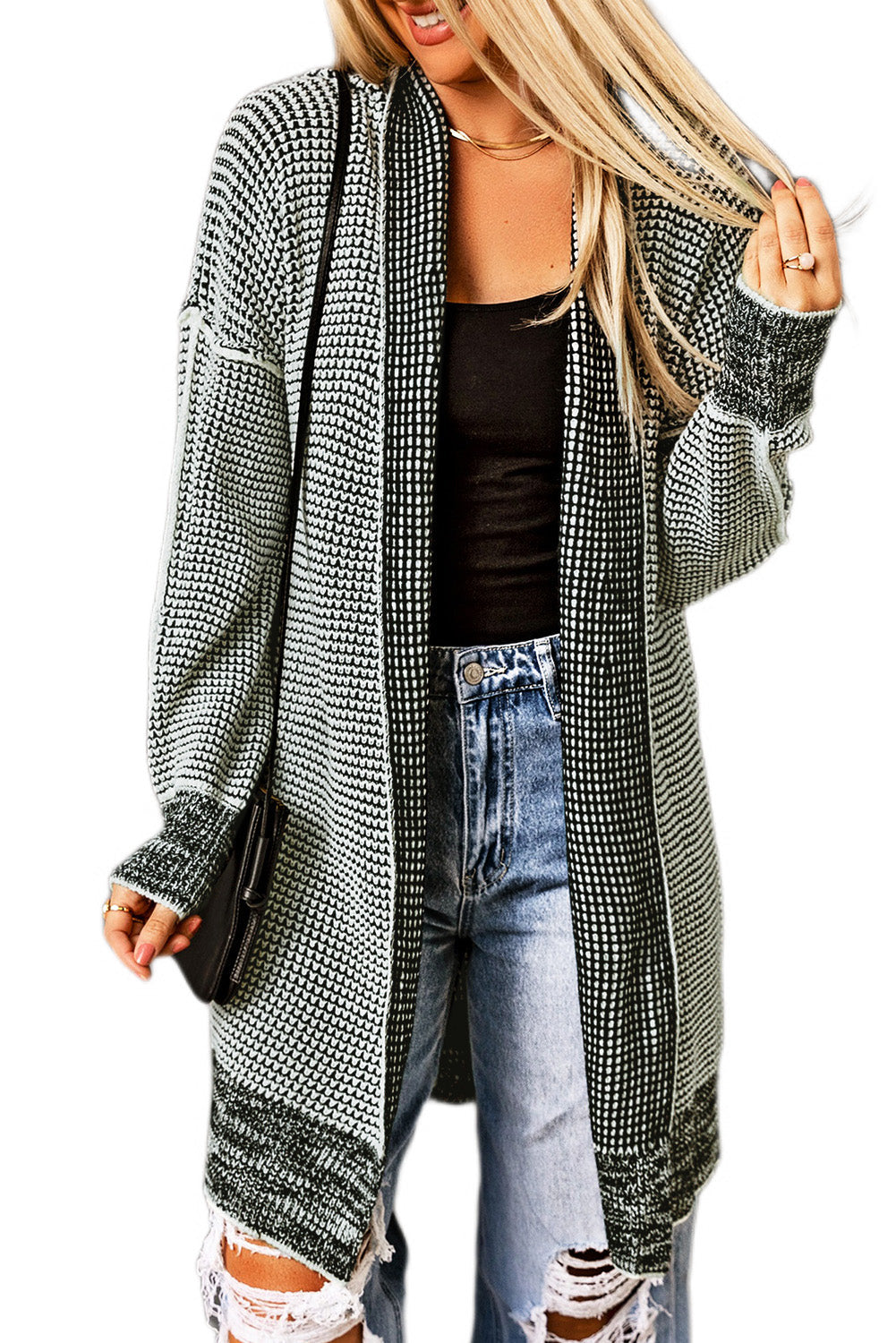 Gray Plaid Knitted Boho Cardigan