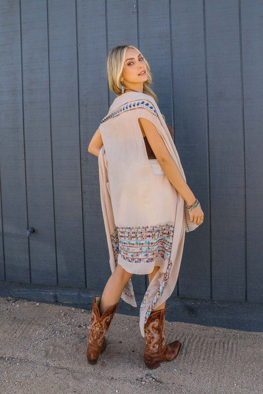 Geometric Embroidered Sleeveless Boho Kimono