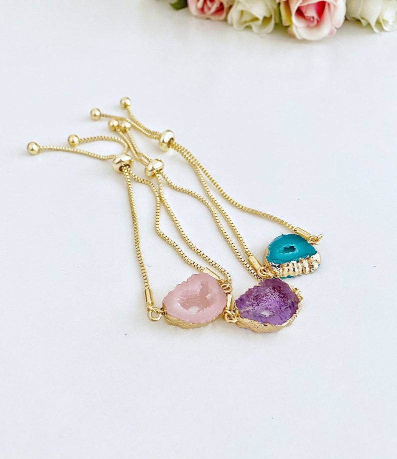 Adjustable Gold Gemstone Bracelet |  Aquamarine, Rose Quartz,  Amethyst