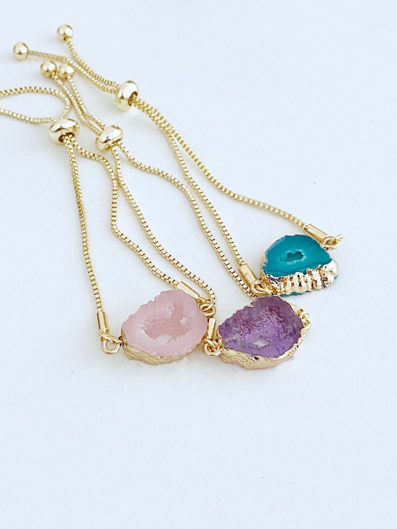 Adjustable Gold Gemstone Bracelet |  Aquamarine, Rose Quartz,  Amethyst