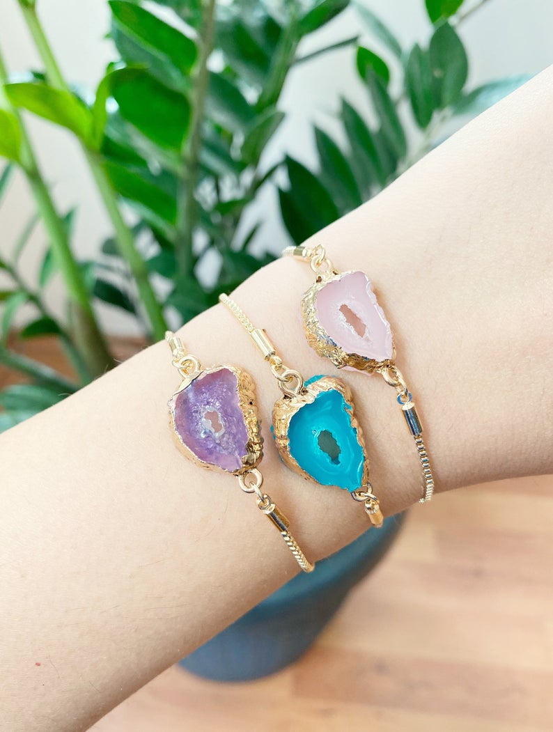 Adjustable Gold Gemstone Bracelet |  Aquamarine, Rose Quartz,  Amethyst