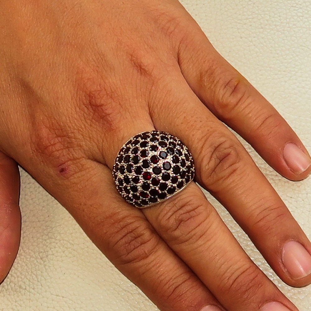 Red Garnet Sterling Silver Sphere Ring - Handmade with 86 Stones