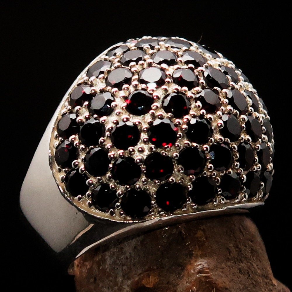 Red Garnet Sterling Silver Sphere Ring - Handmade with 86 Stones