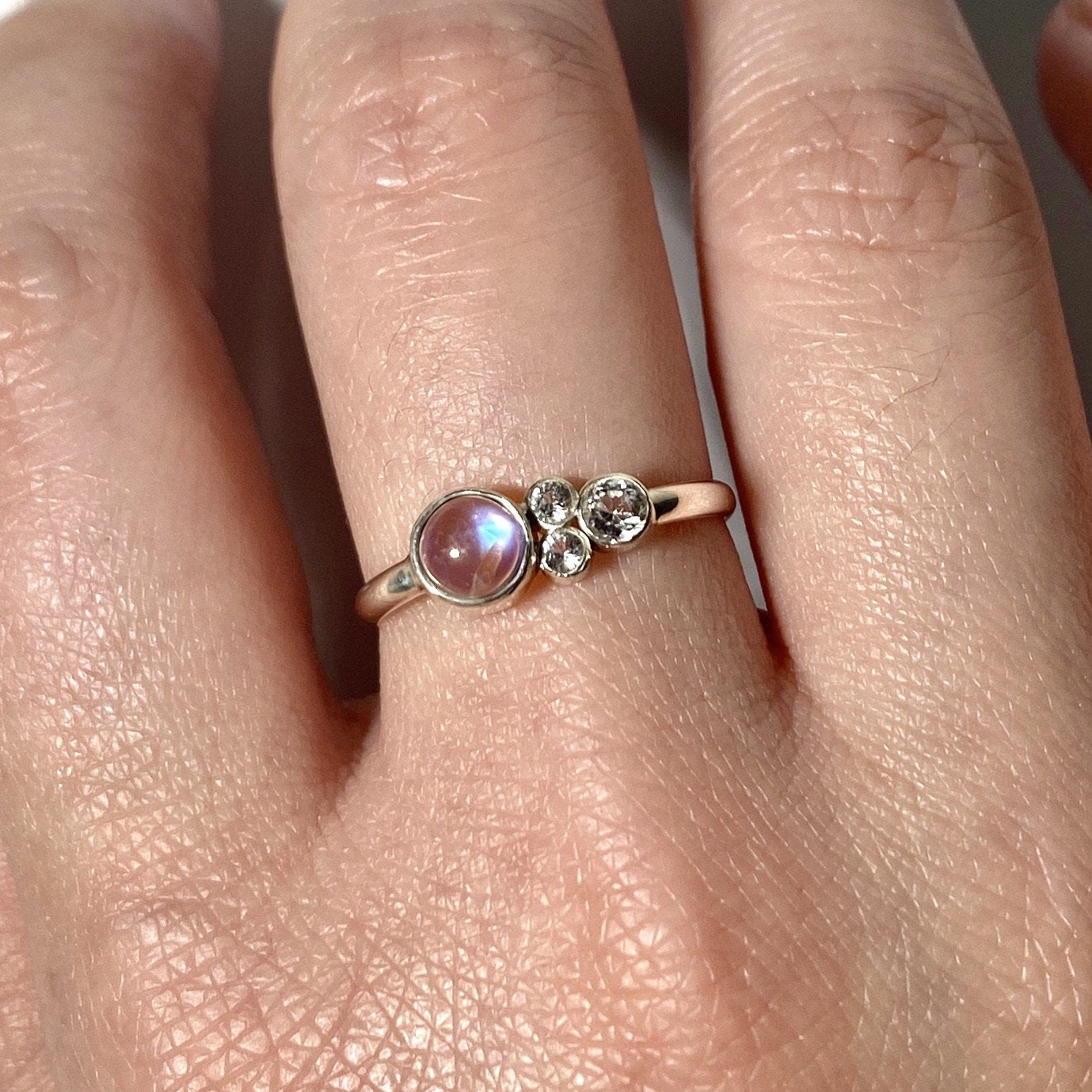 Rainbow Moonstone and Topaz Cluster Sterling Silver Ring