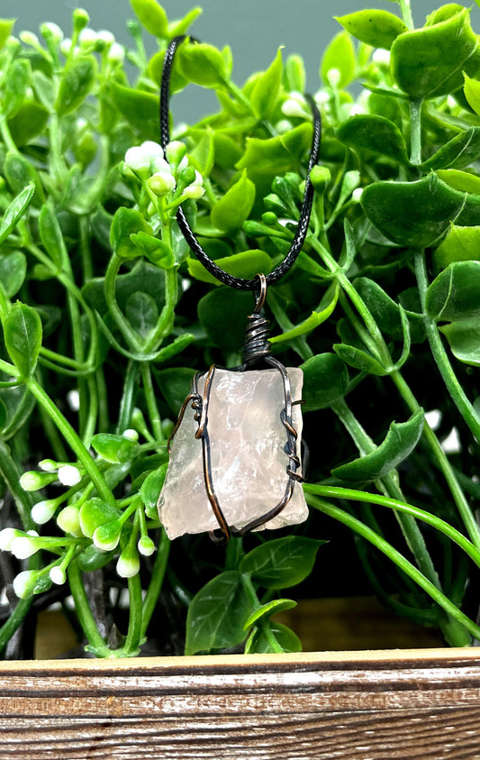 Wire Wrapped Rough Rose Quartz Pendant