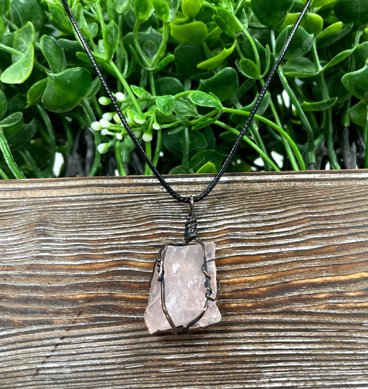 Wire Wrapped Rough Rose Quartz Pendant