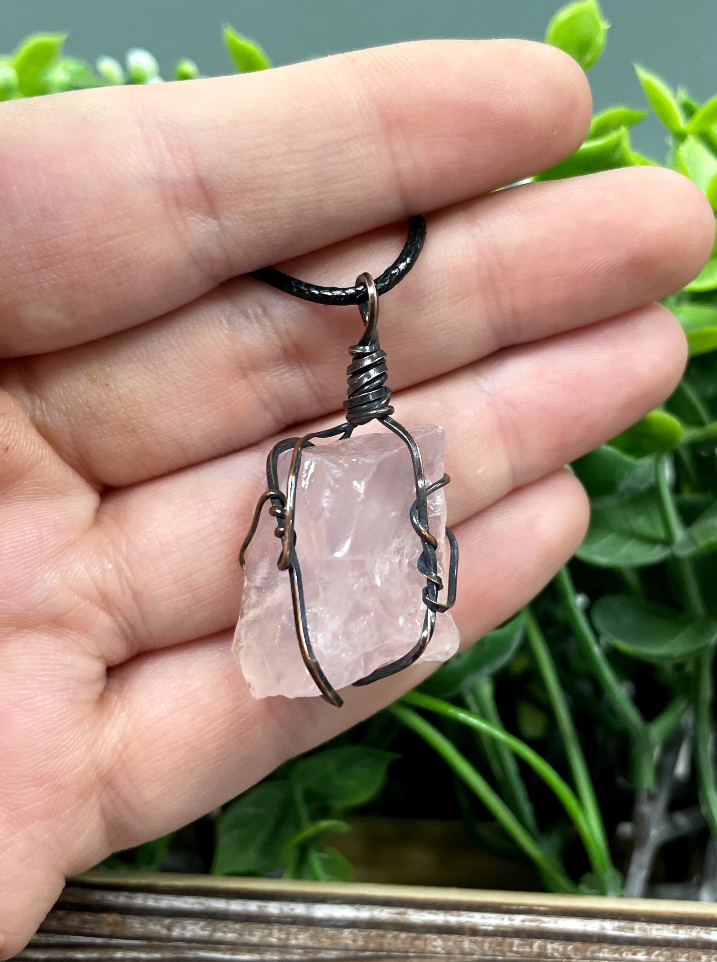 Wire Wrapped Rough Rose Quartz Pendant