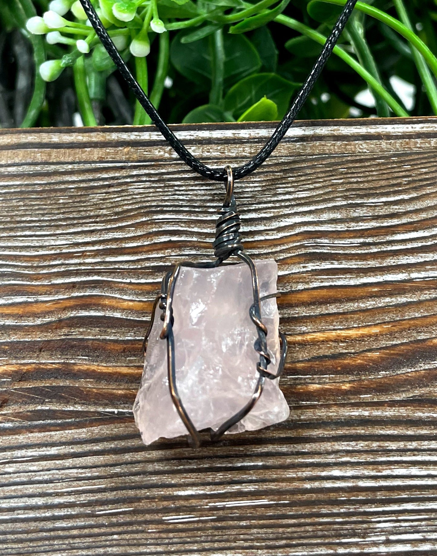 Wire Wrapped Rough Rose Quartz Pendant