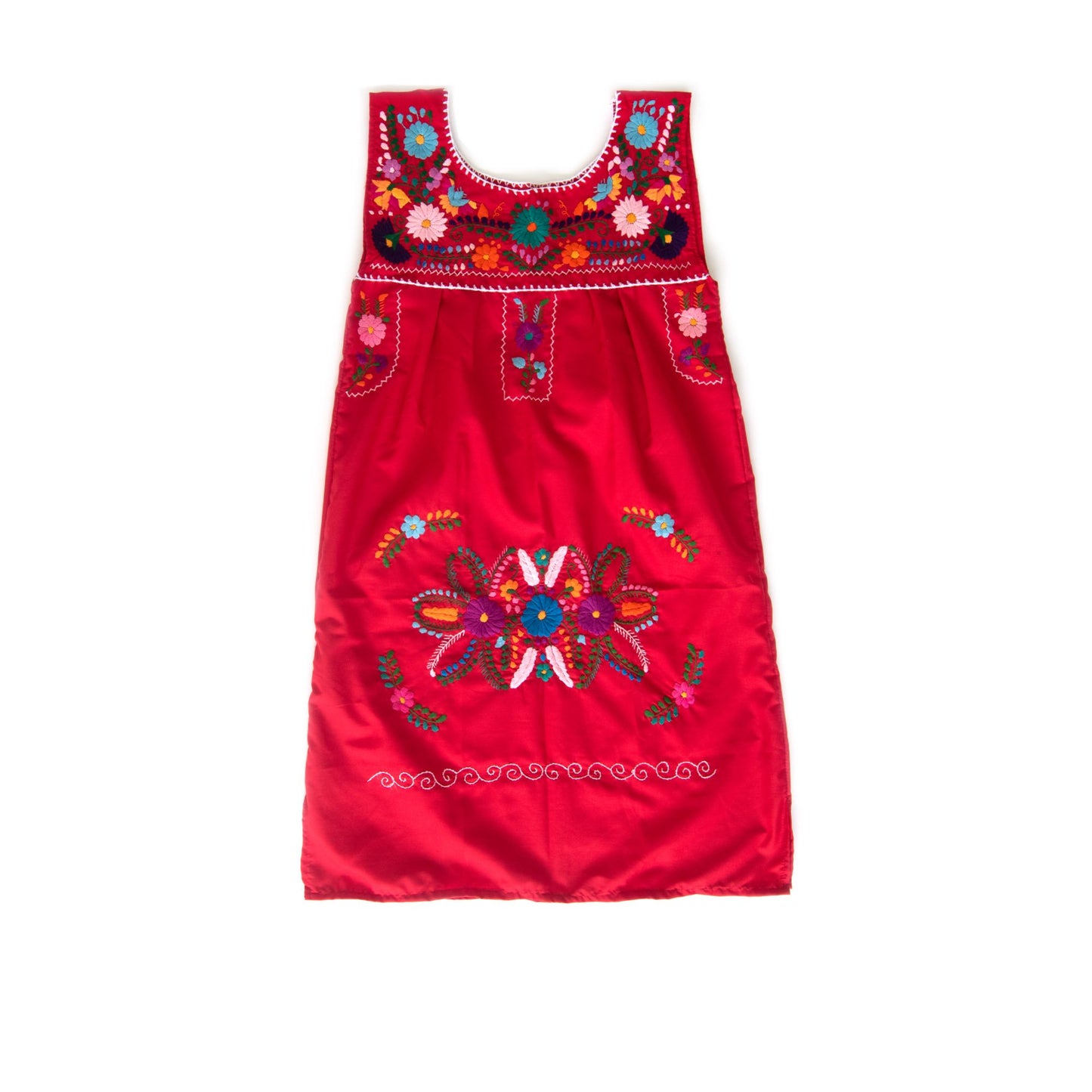Red Vintage Boho Dress with Hand Embroidered Flowers