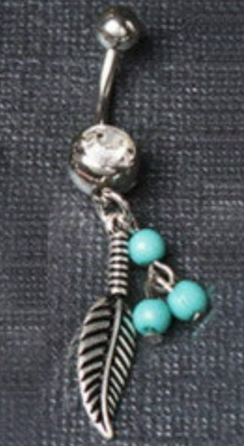 316L Surgical Steel Navel Ring with Feather and Bead Dangle