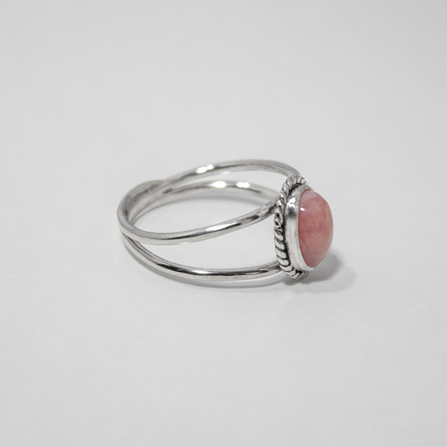 Pink Opal Oval Double Band Sterling Silver Ring