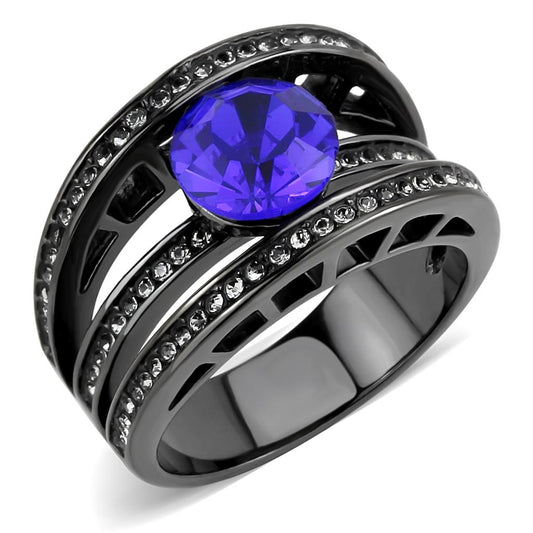 Black Stainless Steel Ring with Sapphire-colored Crystal